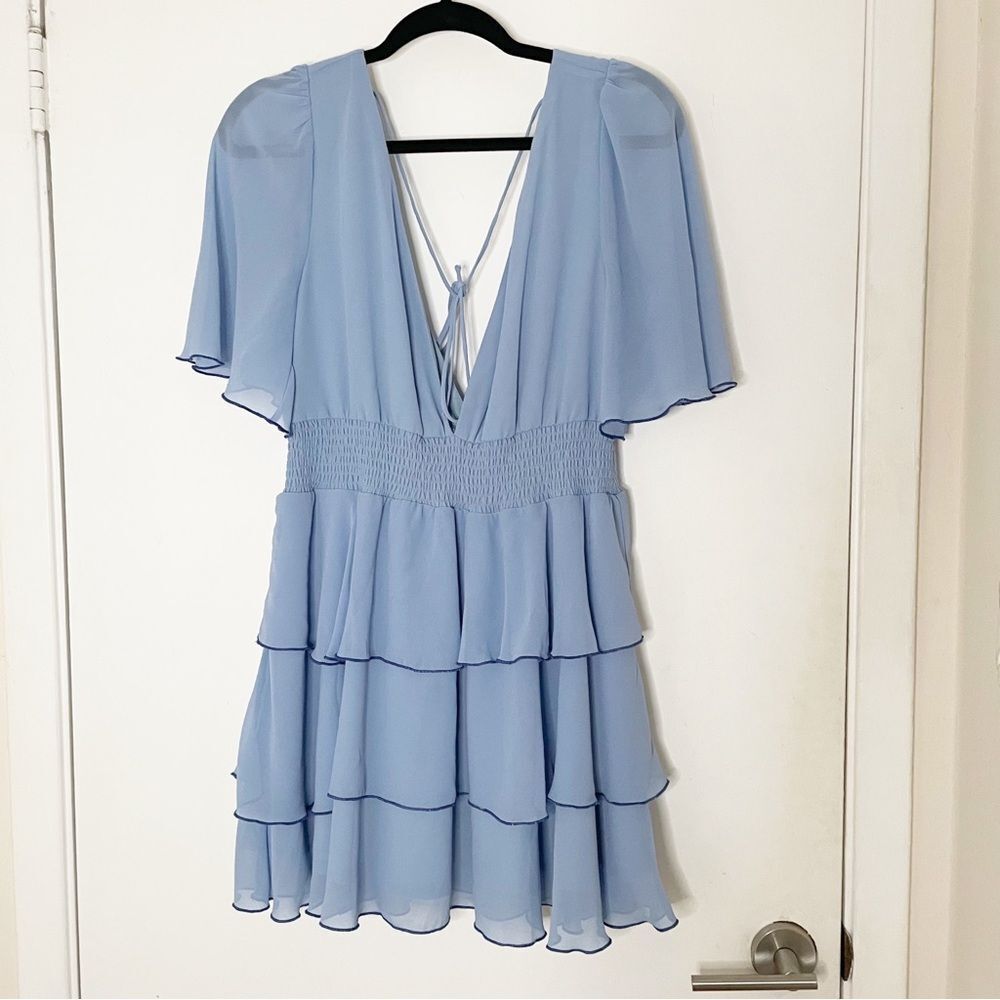 NWOT lovers and friends BILLIE MINI DRESS M light powder Blue ruffle